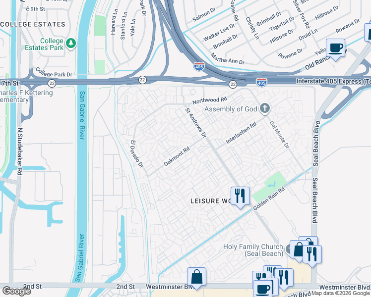 map of restaurants, bars, coffee shops, grocery stores, and more near 1371 Oakmont Road in Seal Beach