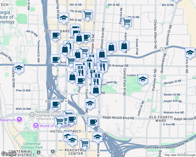 map of restaurants, bars, coffee shops, grocery stores, and more near 550 Piedmont Avenue Northeast in Atlanta