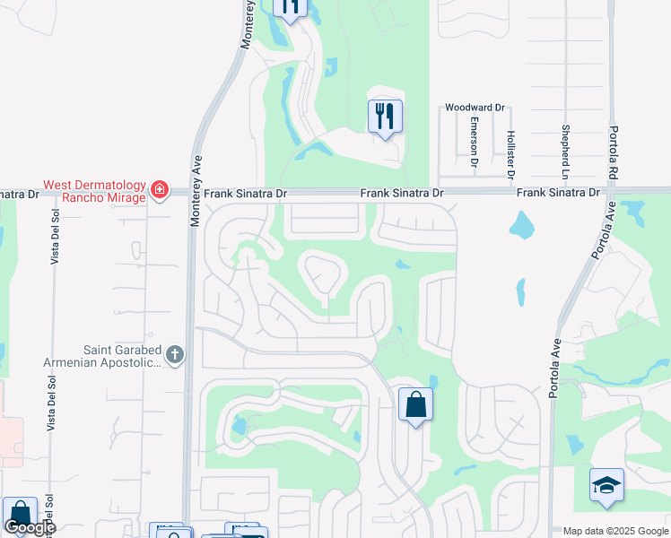 map of restaurants, bars, coffee shops, grocery stores, and more near 38381 Poppet Canyon Drive in Palm Desert
