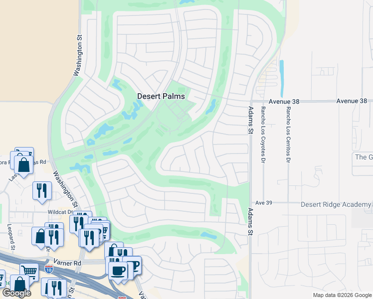 map of restaurants, bars, coffee shops, grocery stores, and more near 38462 Fallbrook Avenue in Palm Desert