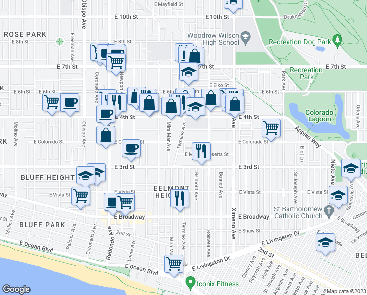 map of restaurants, bars, coffee shops, grocery stores, and more near 346 Termino Avenue in Long Beach