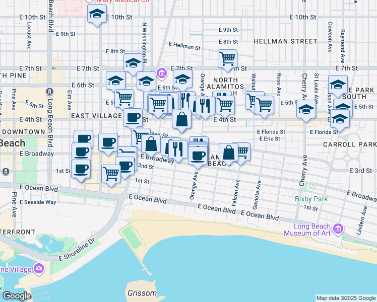 map of restaurants, bars, coffee shops, grocery stores, and more near 1135 East Appleton Street in Long Beach