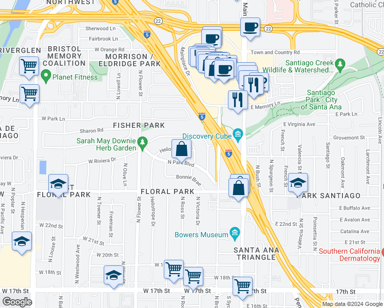 map of restaurants, bars, coffee shops, grocery stores, and more near 2404 Heliotrope Drive in Santa Ana