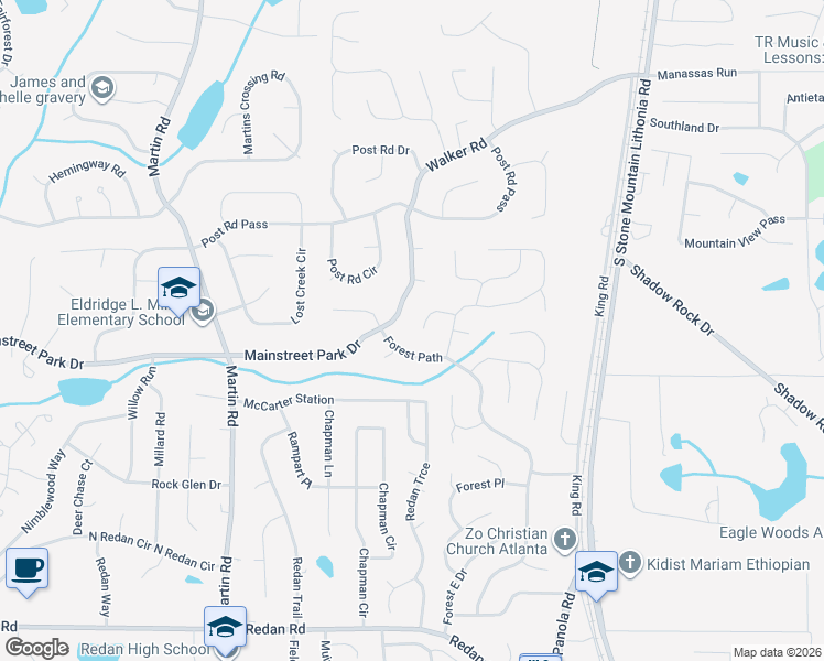map of restaurants, bars, coffee shops, grocery stores, and more near 5338 Greenhedge Trail in Stone Mountain