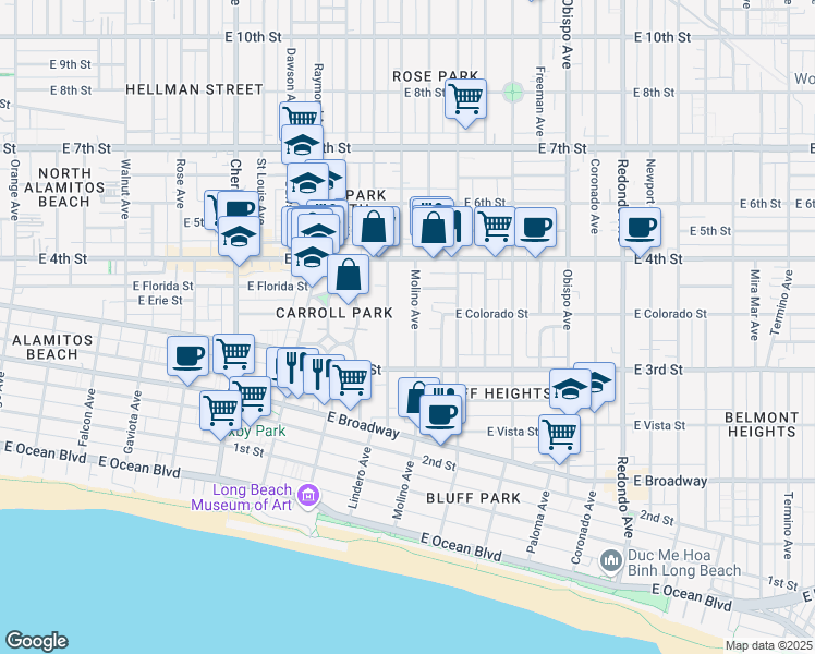 map of restaurants, bars, coffee shops, grocery stores, and more near 337 Molino Avenue in Long Beach