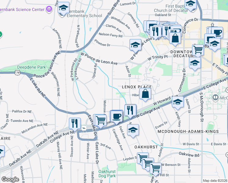 map of restaurants, bars, coffee shops, grocery stores, and more near 325 Drexel Avenue in Decatur