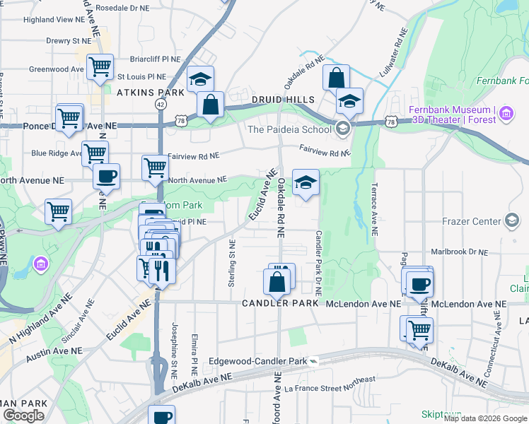map of restaurants, bars, coffee shops, grocery stores, and more near 1355 Euclid Avenue Northeast in Atlanta