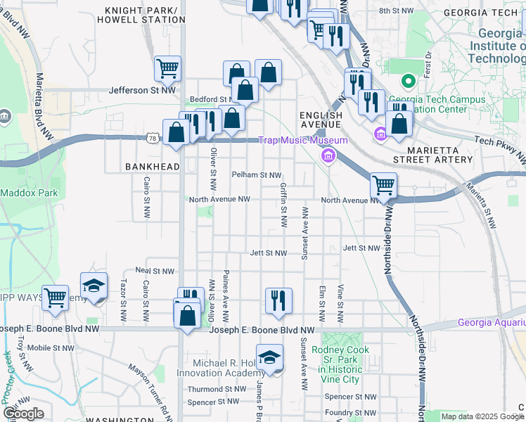 map of restaurants, bars, coffee shops, grocery stores, and more near 543 Chestnut Street Northwest in Atlanta