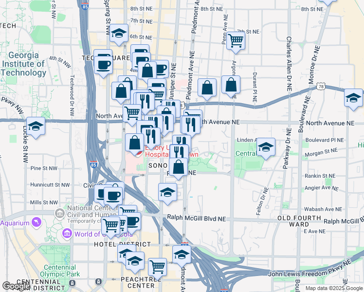 map of restaurants, bars, coffee shops, grocery stores, and more near 550 Piedmont Avenue Northeast in Atlanta