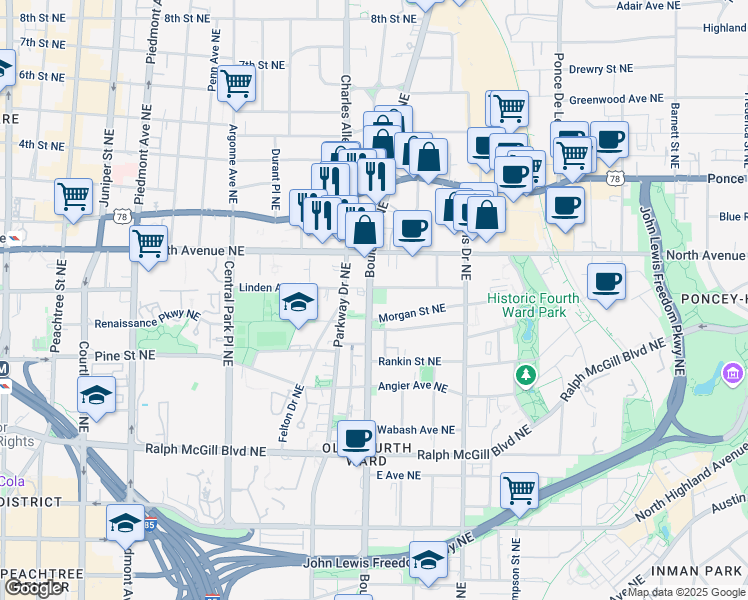 map of restaurants, bars, coffee shops, grocery stores, and more near 555 Boulevard Northeast in Atlanta