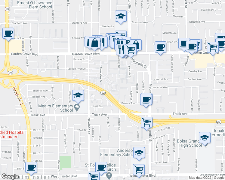 map of restaurants, bars, coffee shops, grocery stores, and more near 8676 Mar Drive in Garden Grove
