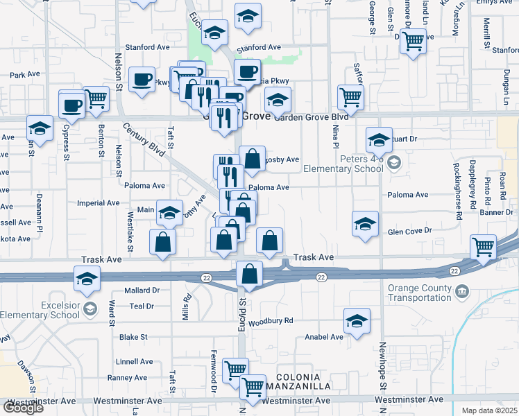 map of restaurants, bars, coffee shops, grocery stores, and more near 13312 Ramona Place in Garden Grove