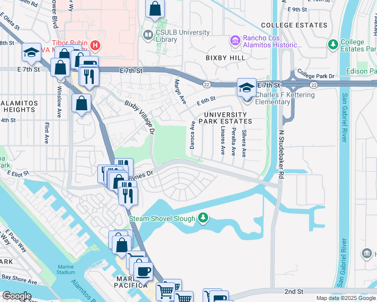 map of restaurants, bars, coffee shops, grocery stores, and more near 361 Daroca Avenue in Long Beach