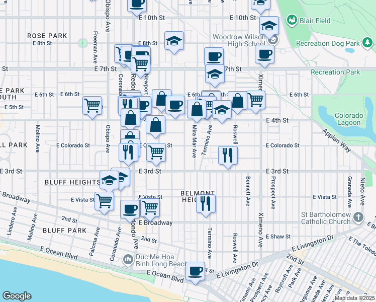 map of restaurants, bars, coffee shops, grocery stores, and more near 339 Mira Mar Avenue in Long Beach