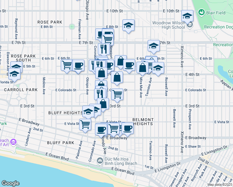 map of restaurants, bars, coffee shops, grocery stores, and more near 337 Loma Avenue in Long Beach