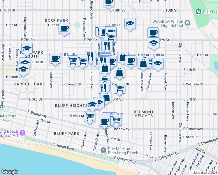 map of restaurants, bars, coffee shops, grocery stores, and more near 336 Redondo Avenue in Long Beach