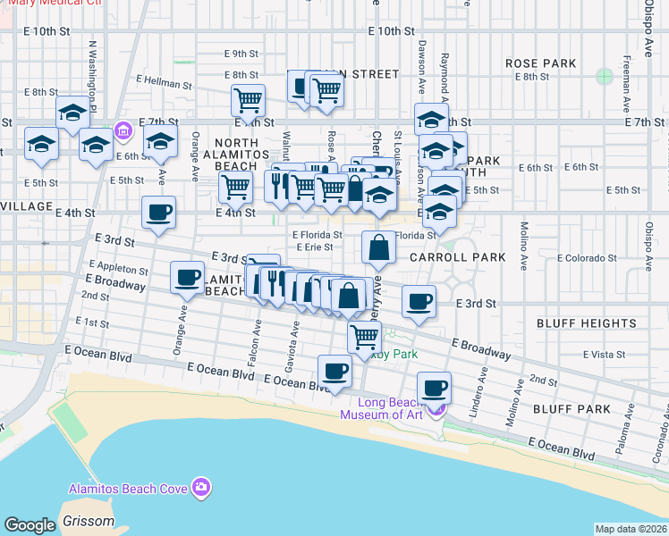map of restaurants, bars, coffee shops, grocery stores, and more near 1755 East 3rd Street in Long Beach