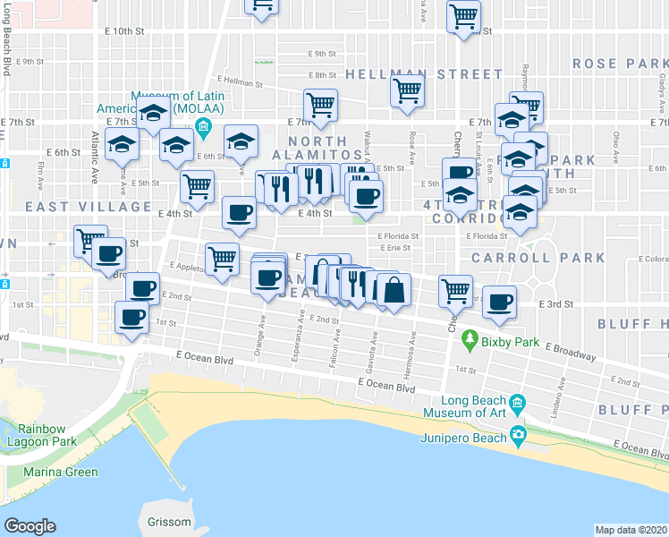map of restaurants, bars, coffee shops, grocery stores, and more near 1500 East 3rd Street in Long Beach
