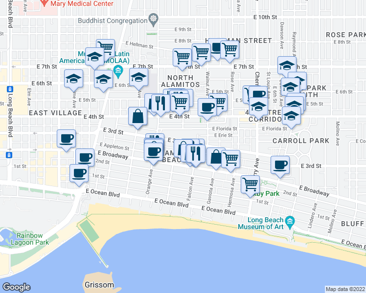 map of restaurants, bars, coffee shops, grocery stores, and more near in Long Beach