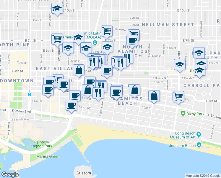 map of restaurants, bars, coffee shops, grocery stores, and more near 1135 East Appleton Street in Long Beach