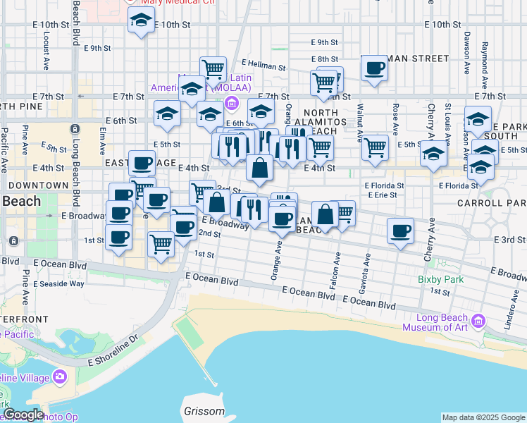 map of restaurants, bars, coffee shops, grocery stores, and more near 1135 East Appleton Street in Long Beach