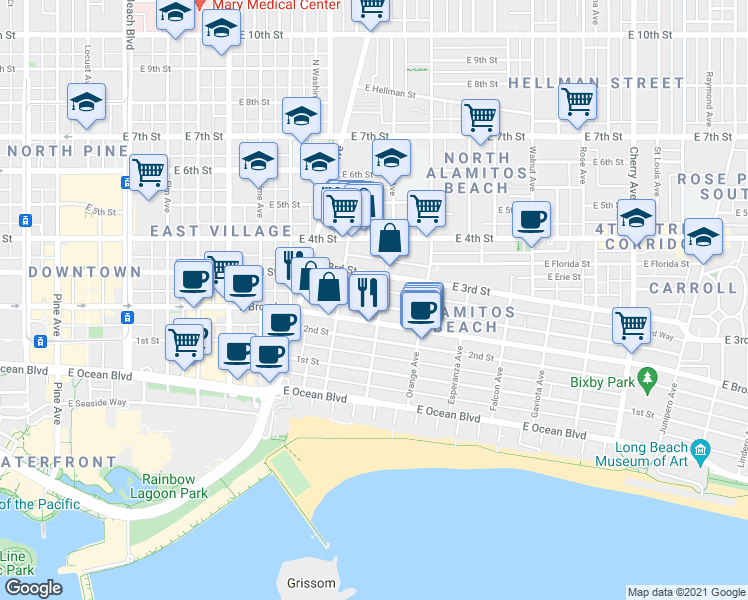 map of restaurants, bars, coffee shops, grocery stores, and more near 1061 East Appleton Street in Long Beach