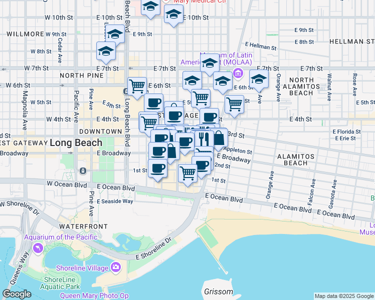 map of restaurants, bars, coffee shops, grocery stores, and more near 705 East Broadway in Long Beach