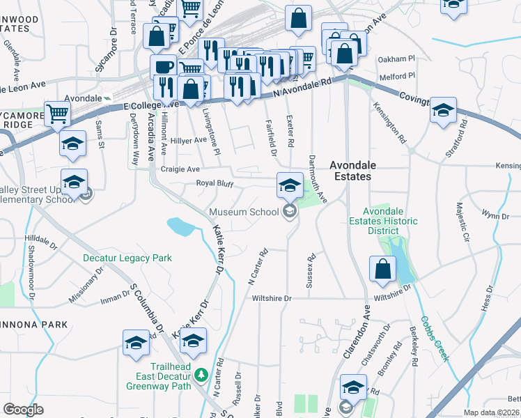 map of restaurants, bars, coffee shops, grocery stores, and more near 2882 Royal Path Court in Decatur