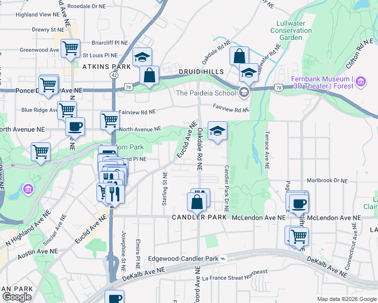 map of restaurants, bars, coffee shops, grocery stores, and more near 556 Oakdale Road Northeast in Atlanta