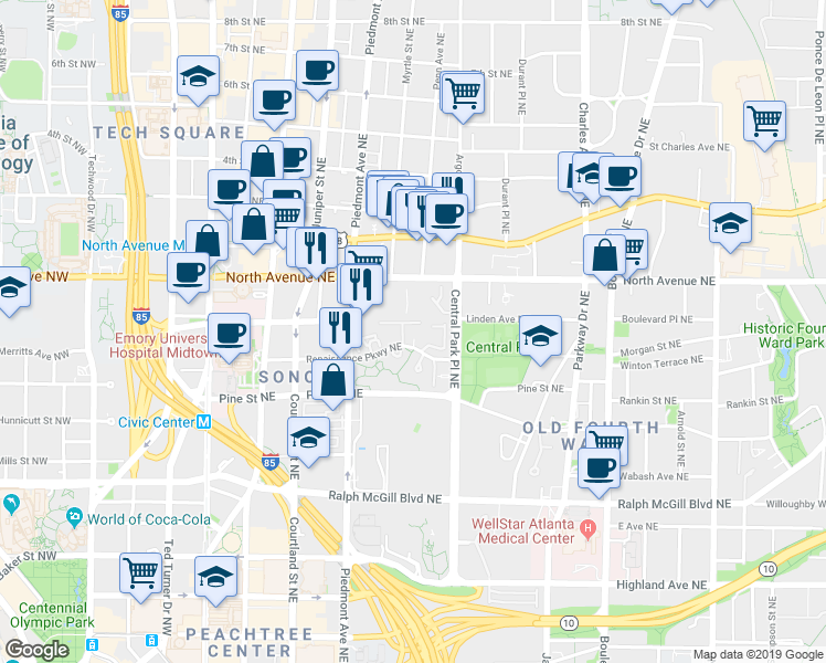 map of restaurants, bars, coffee shops, grocery stores, and more near 240 Renaissance Parkway Northeast in Atlanta