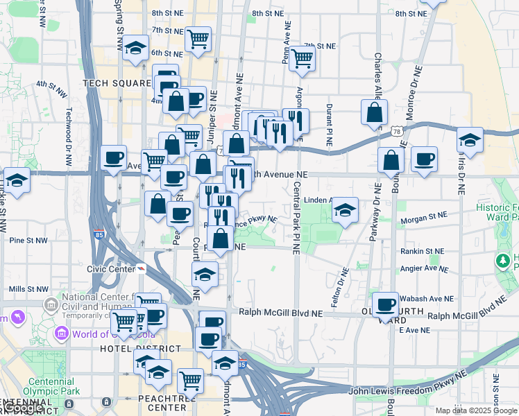 map of restaurants, bars, coffee shops, grocery stores, and more near in Atlanta