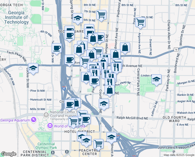 map of restaurants, bars, coffee shops, grocery stores, and more near 549 Peachtree Street Northeast in Atlanta