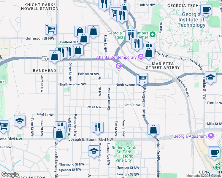 map of restaurants, bars, coffee shops, grocery stores, and more near 541 Sunset Avenue Northwest in Atlanta