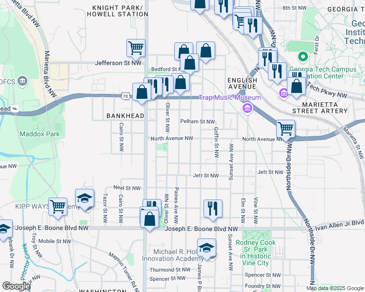map of restaurants, bars, coffee shops, grocery stores, and more near 538 English Avenue Northwest in Atlanta