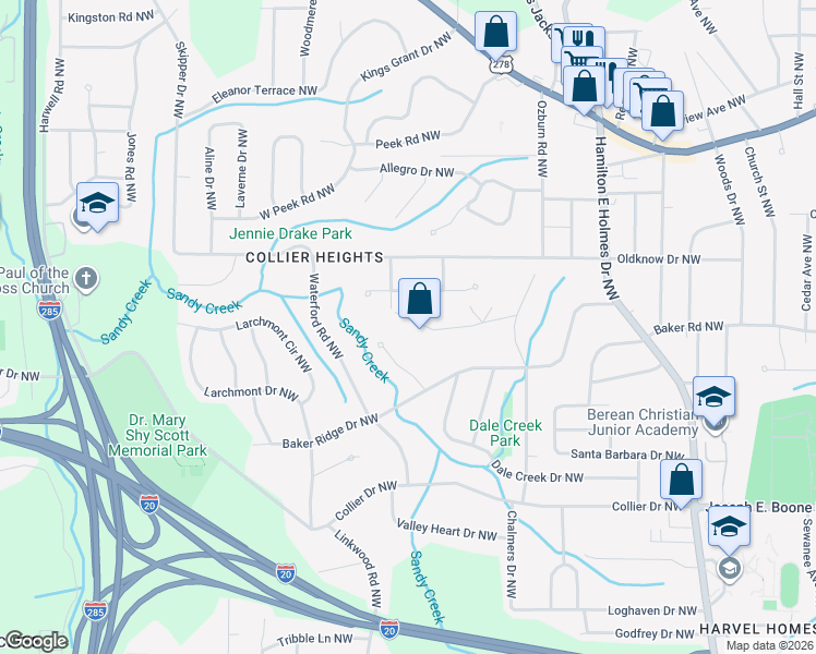 map of restaurants, bars, coffee shops, grocery stores, and more near 2856 Engle Road Northwest in Atlanta