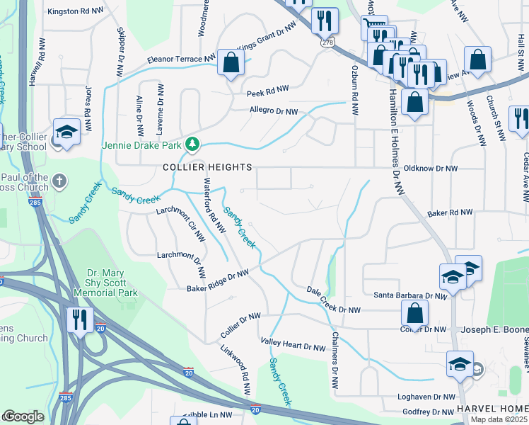 map of restaurants, bars, coffee shops, grocery stores, and more near 2856 Engle Road Northwest in Atlanta