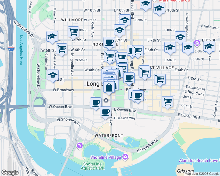 map of restaurants, bars, coffee shops, grocery stores, and more near 203 Pine Avenue in Long Beach