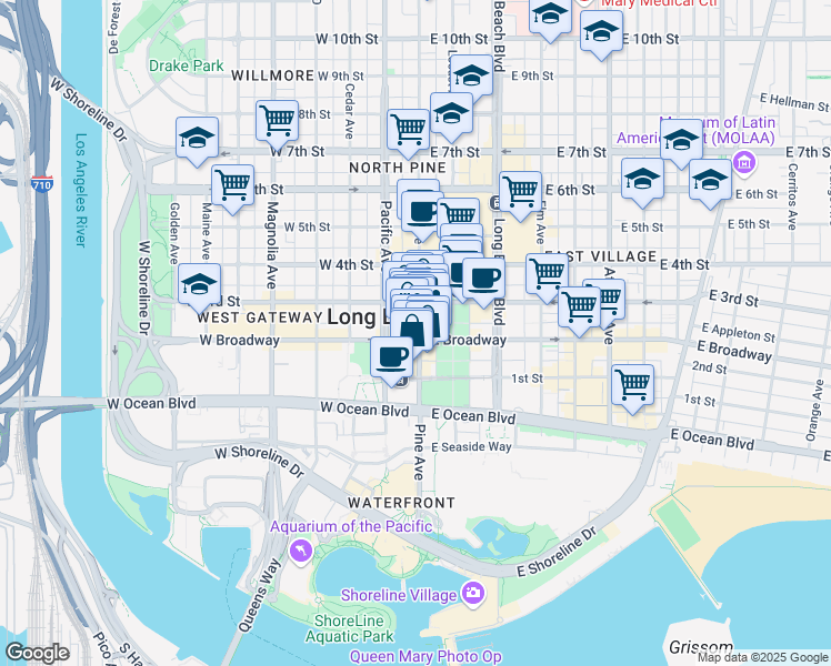map of restaurants, bars, coffee shops, grocery stores, and more near 203 Pine Avenue in Long Beach