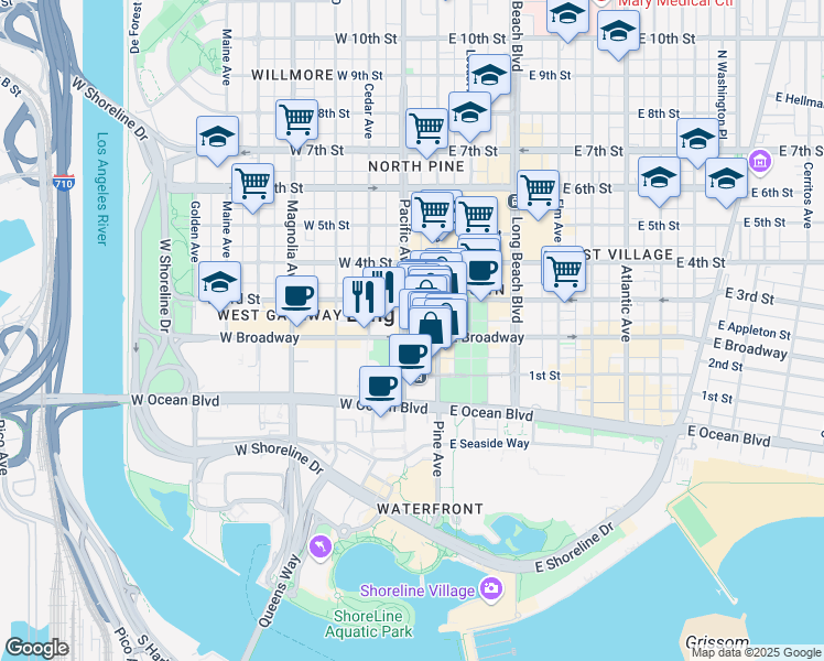 map of restaurants, bars, coffee shops, grocery stores, and more near in Long Beach