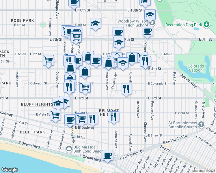 map of restaurants, bars, coffee shops, grocery stores, and more near 338 1/2 Mira Mar Avenue in Long Beach