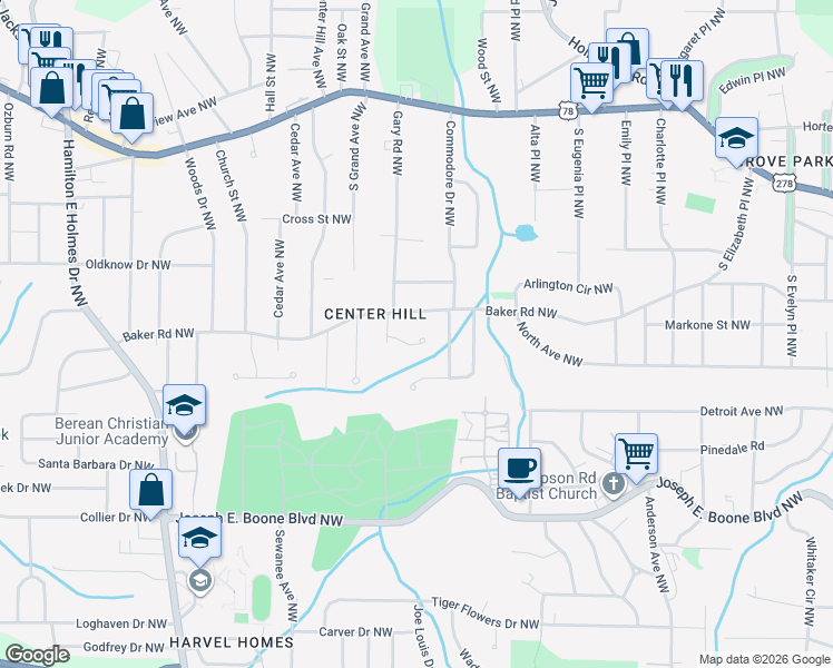 map of restaurants, bars, coffee shops, grocery stores, and more near 2237 Gary Court Northwest in Atlanta