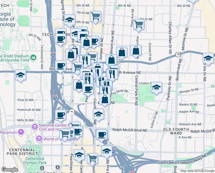 map of restaurants, bars, coffee shops, grocery stores, and more near 550 Piedmont Avenue Northeast in Atlanta