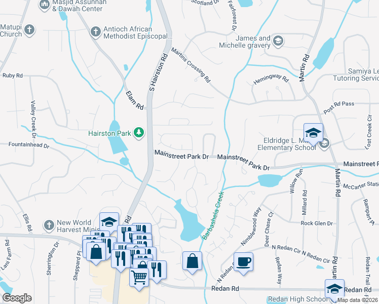 map of restaurants, bars, coffee shops, grocery stores, and more near 707 Arbor Hill Drive in Stone Mountain