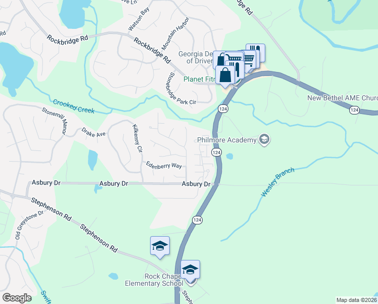 map of restaurants, bars, coffee shops, grocery stores, and more near 7590 Clear Creek Drive in Lithonia