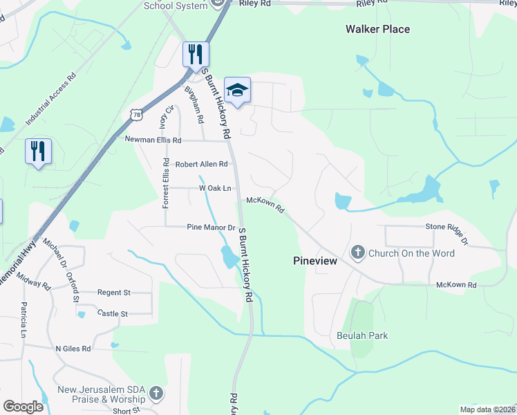 map of restaurants, bars, coffee shops, grocery stores, and more near 3961 McKown Road in Douglasville
