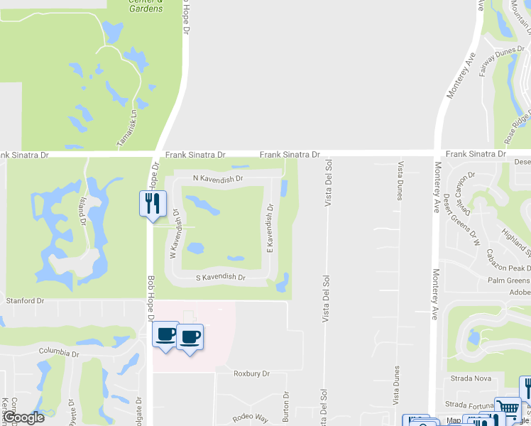 map of restaurants, bars, coffee shops, grocery stores, and more near 110 North Kavenish Drive in Rancho Mirage