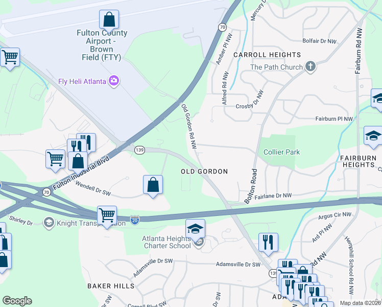map of restaurants, bars, coffee shops, grocery stores, and more near 3826 Old Gordon Road Northwest in Atlanta