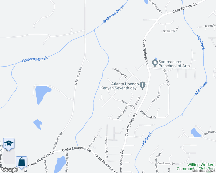 map of restaurants, bars, coffee shops, grocery stores, and more near 1222 Foxwood Drive in Douglasville