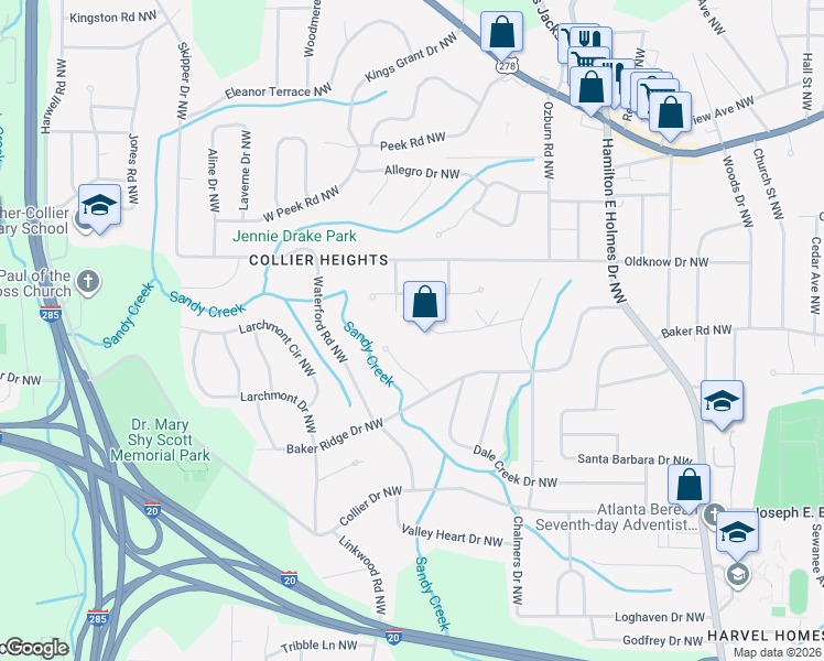 map of restaurants, bars, coffee shops, grocery stores, and more near 2856 Engle Road Northwest in Atlanta