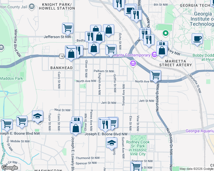 map of restaurants, bars, coffee shops, grocery stores, and more near 545 James P Brawley Drive Northwest in Atlanta